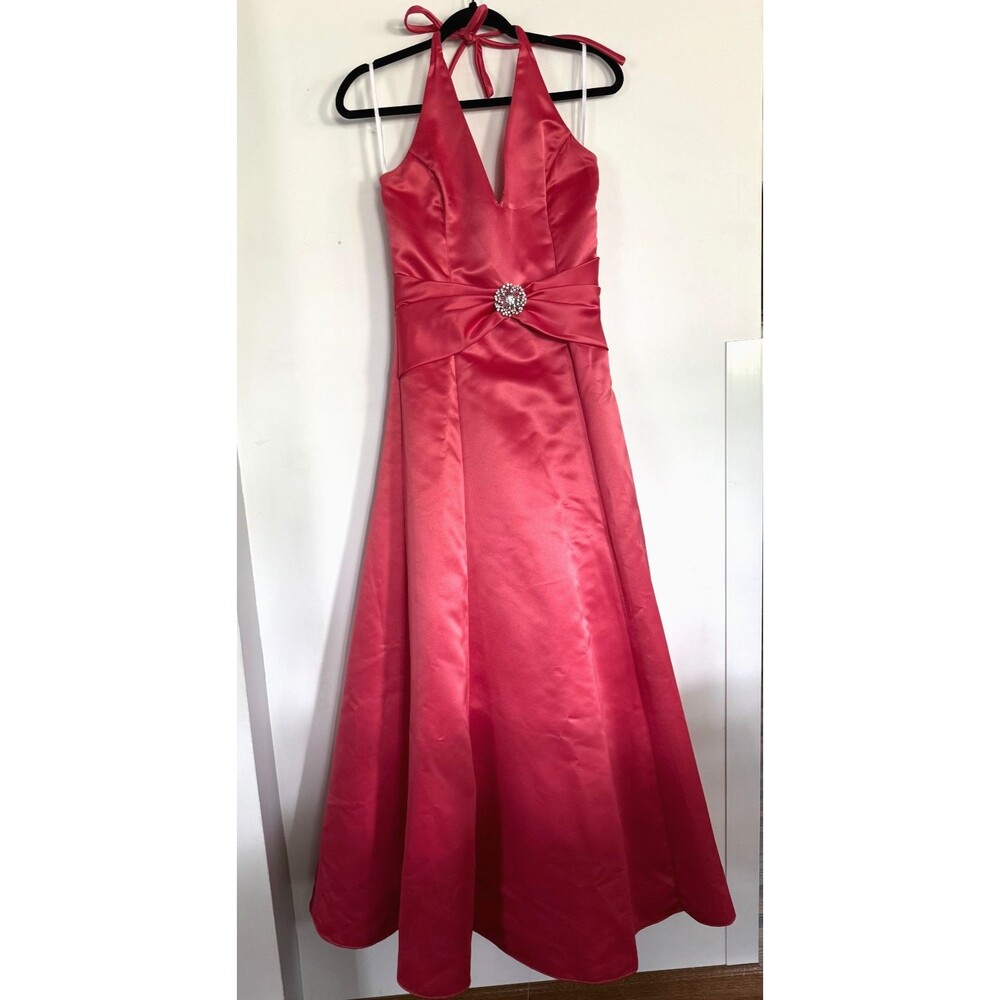 Vtg Jessica McClintock Gunne Sax Dress 7/8 PINK Satin Halter Prom Gown USA 90s